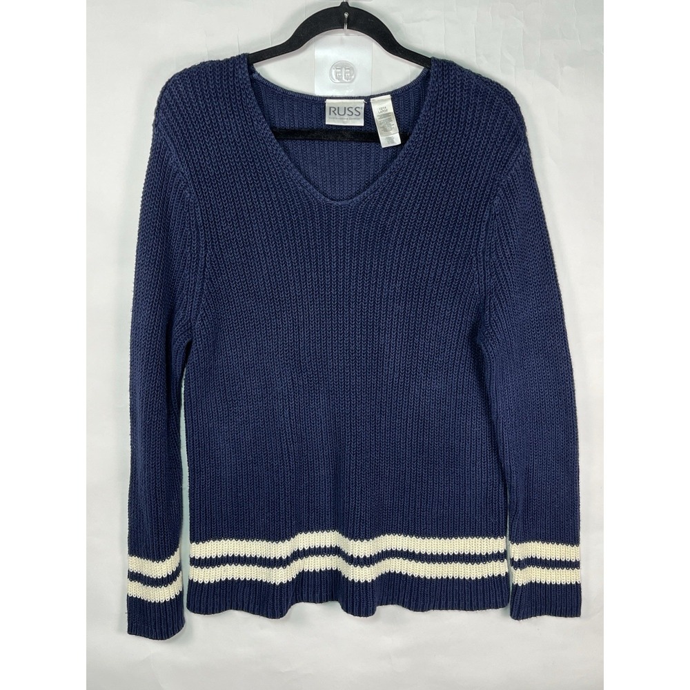 Vintage Women's Russ Size Large Knit Sweater Blue White Stripes‎ V-Neck Preppy
